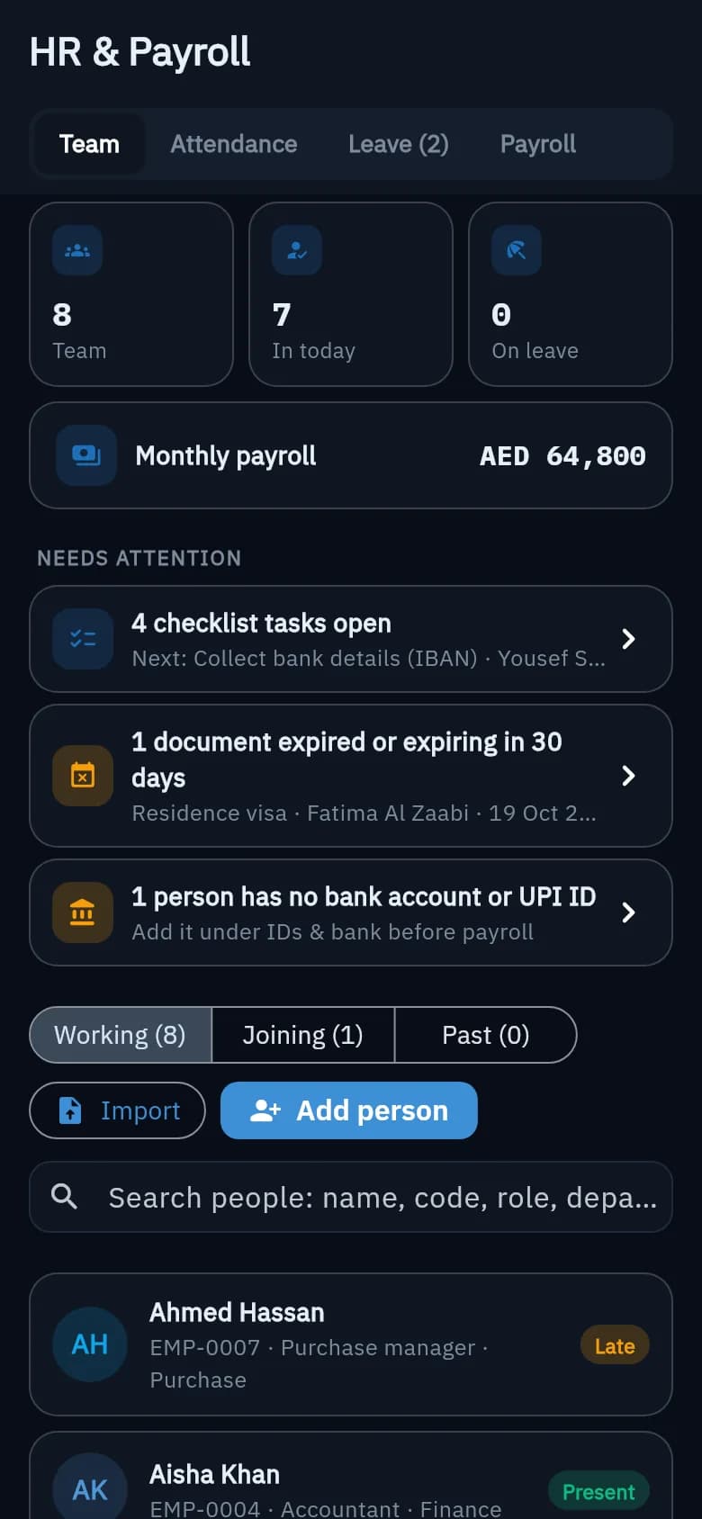 HR screen with employees and payroll