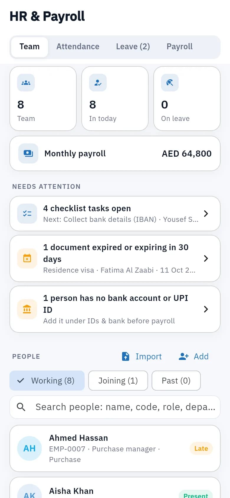 HR screen with employees and payroll