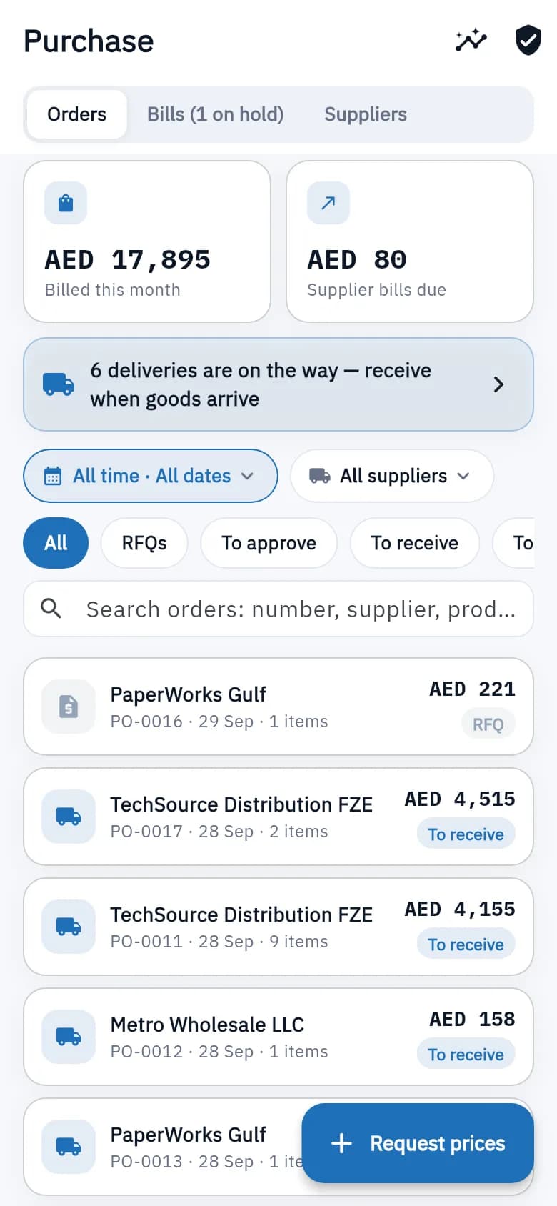 Purchase orders screen on iPhone, light mode