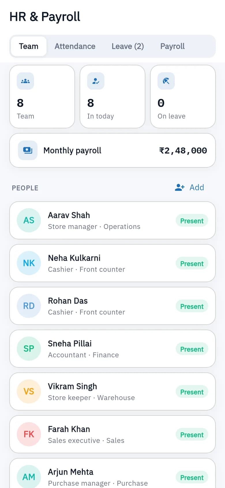 HR screen with employees and payroll